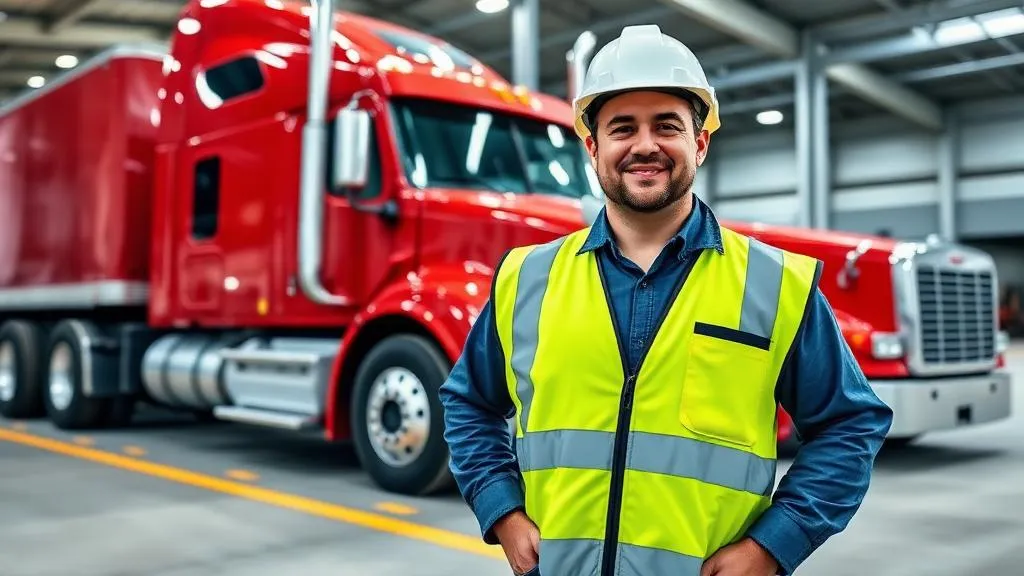 CDL truck driver standing next to semi-truck at a modern trucking terminal
