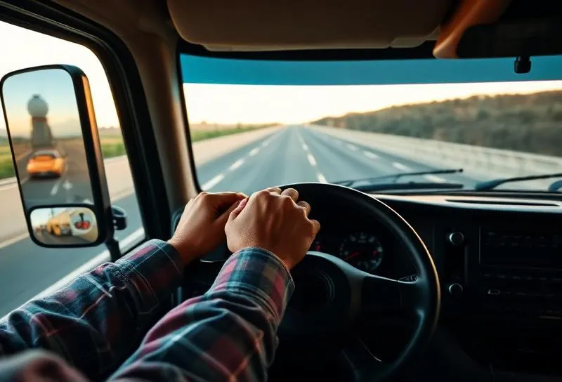 Truck driver's hands on steering wheel, driving on open highway