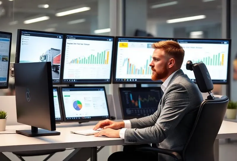 Recruiter at desk with multiple monitors showing fleet management and recruiting software