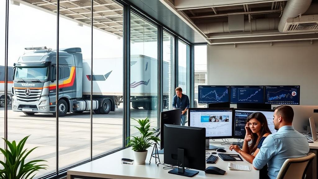 Modern trucking company office with marketing team and branded truck visible through window
