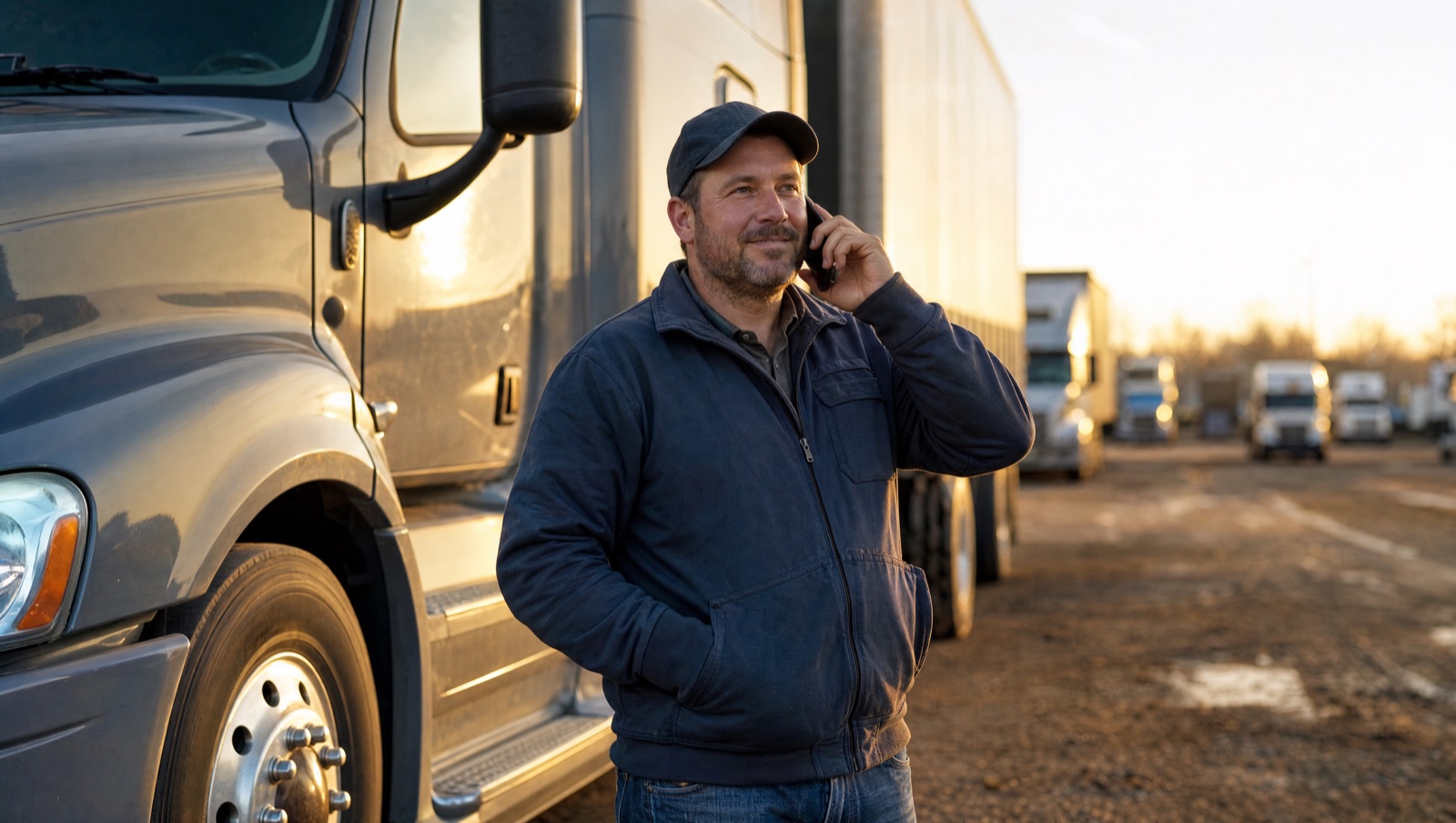 CDL-A driver taking a recruiter's call beside his truck