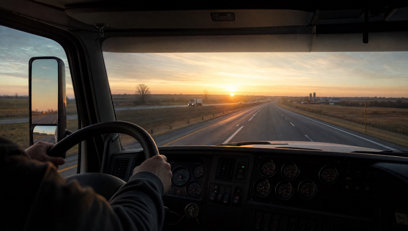 View from the cab of a semi truck on an open highway at sunrise