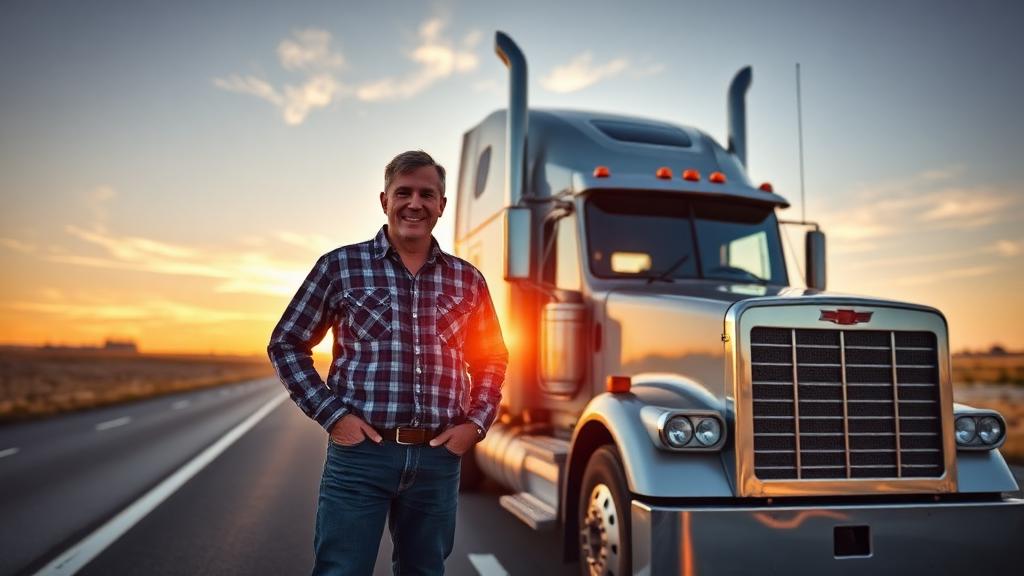 New CDL truck driver standing proudly next to their first semi truck at sunrise