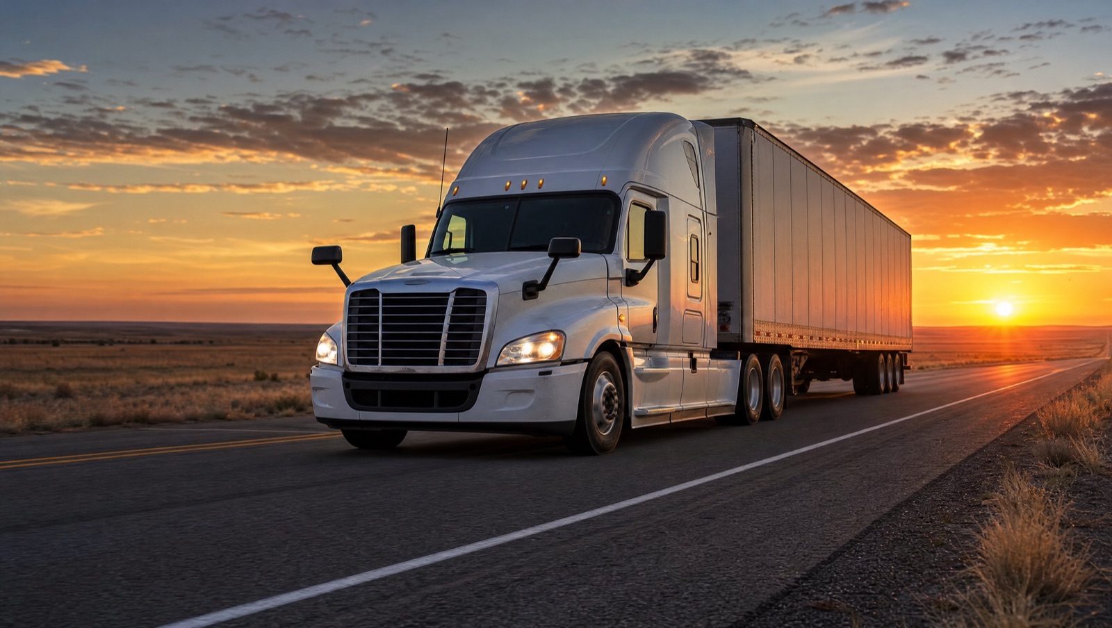 White semi truck with dry van trailer running a West Texas interstate at dusk
