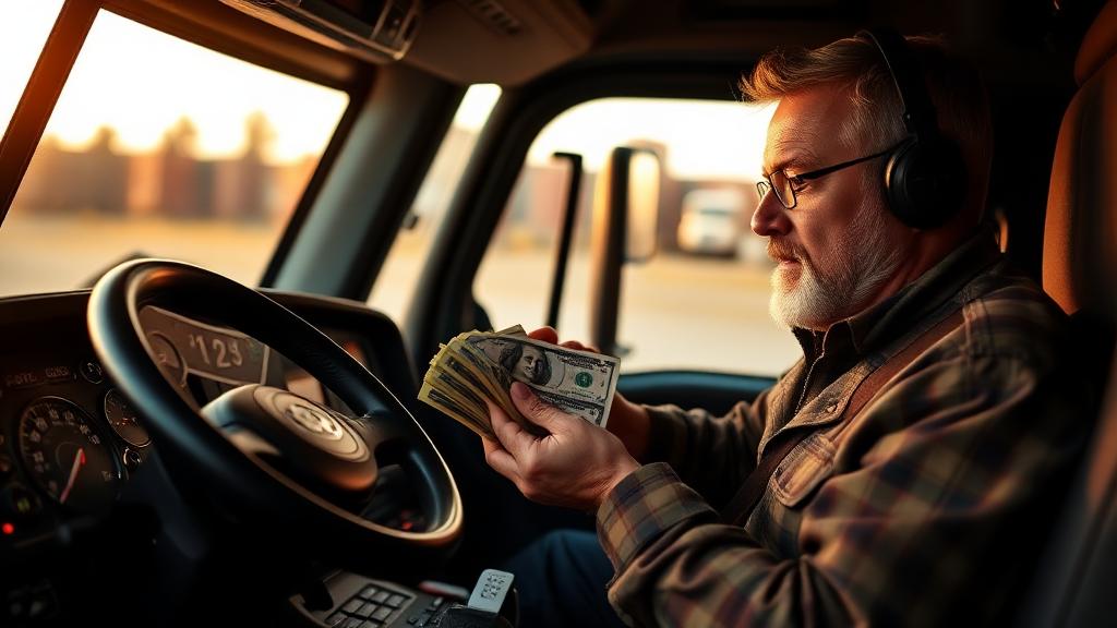 Owner operator truck driver in cab reviewing earnings and pay