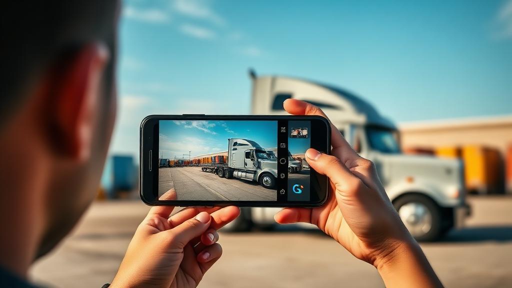 Person filming a semi truck with smartphone for social media content