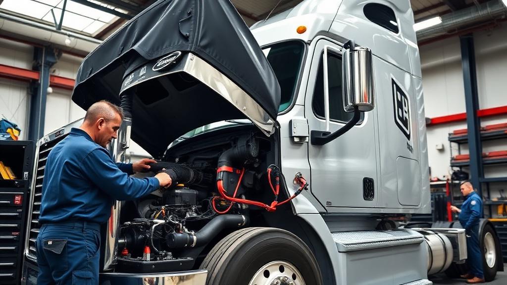 Diesel mechanic performing maintenance on a semi truck engine in a professional shop