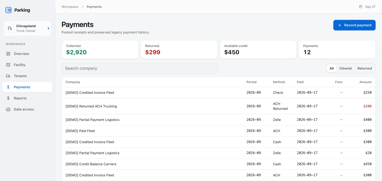 Payments ledger with checks, ACH and Zelle receipts