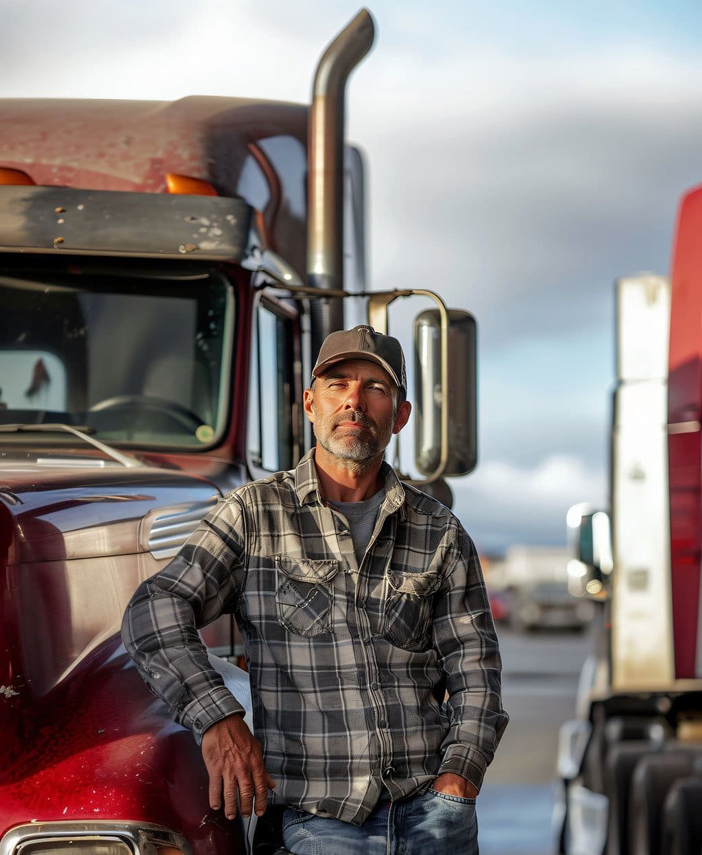 man leaning against semi truck