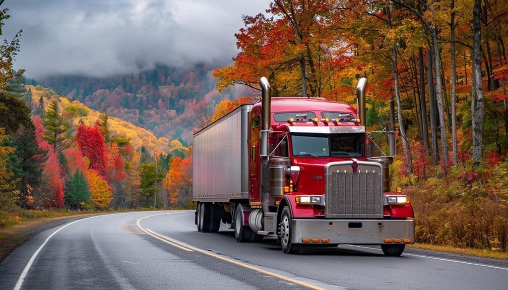 a red truck on a road with trees in the background