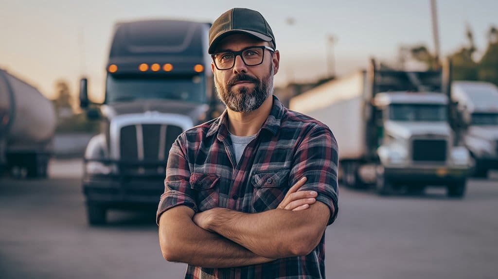 a man with a beard and a hat standing in front of a truck