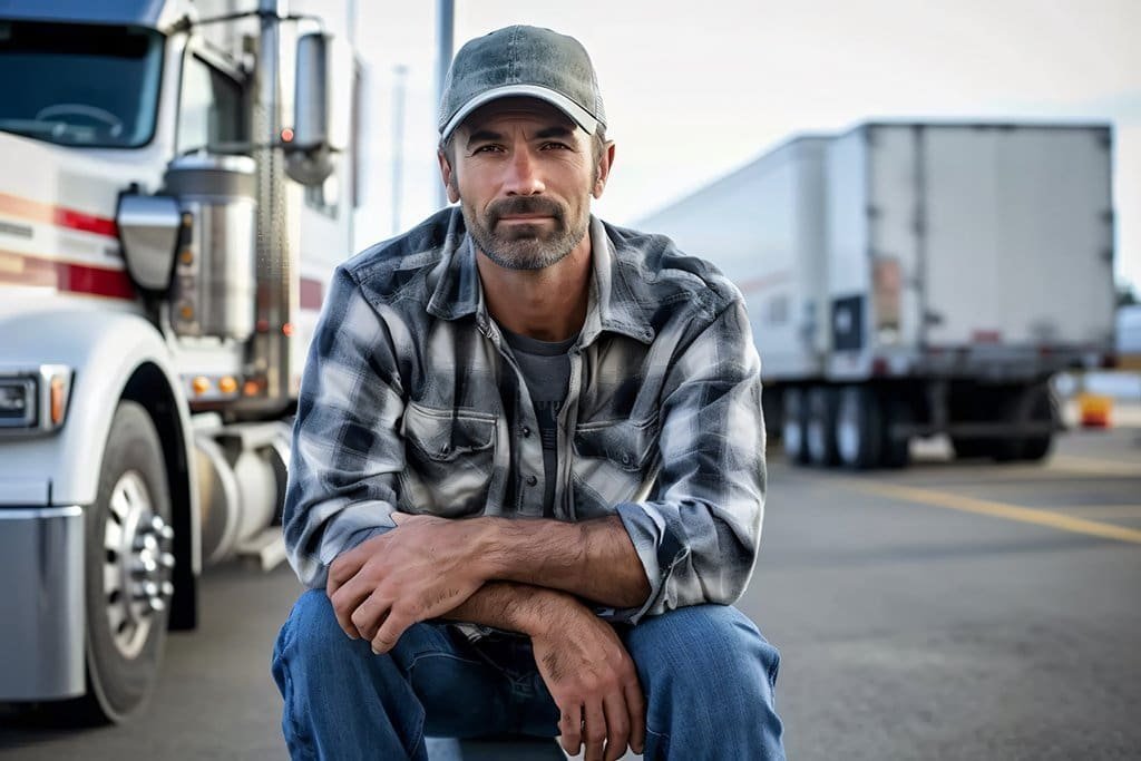 a man sitting by a semi truck