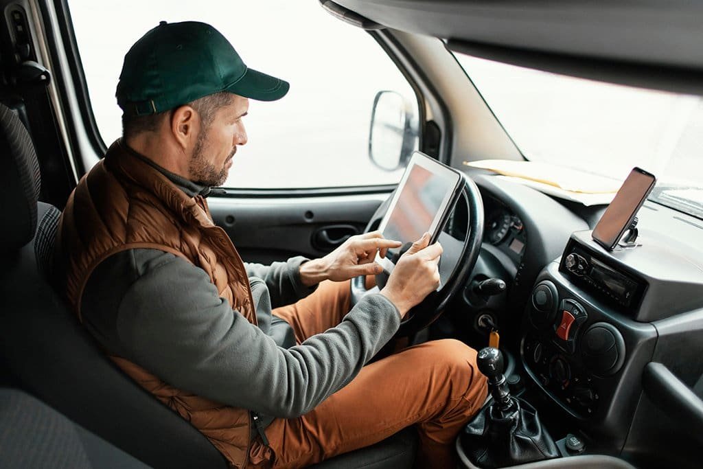 a man sitting in a car using a tablet