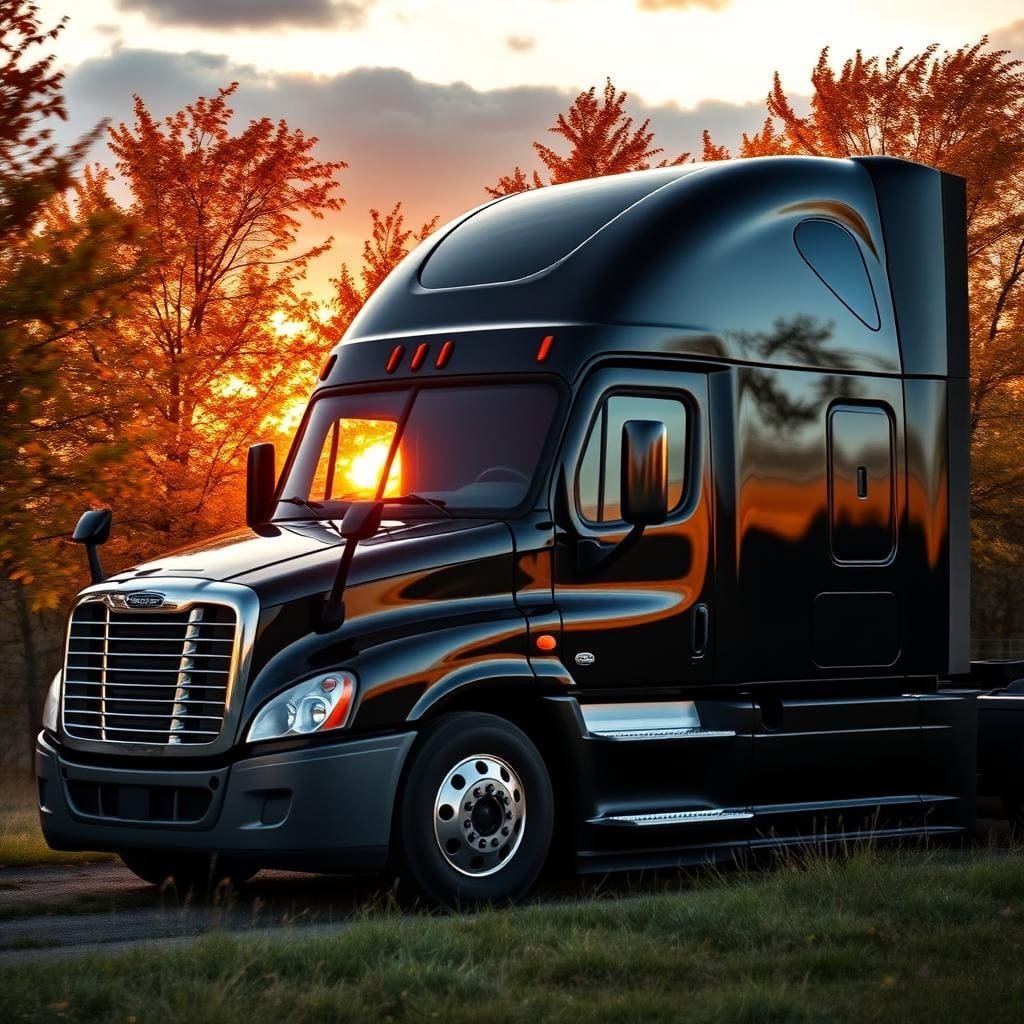 a black semi truck on a road with trees in the background