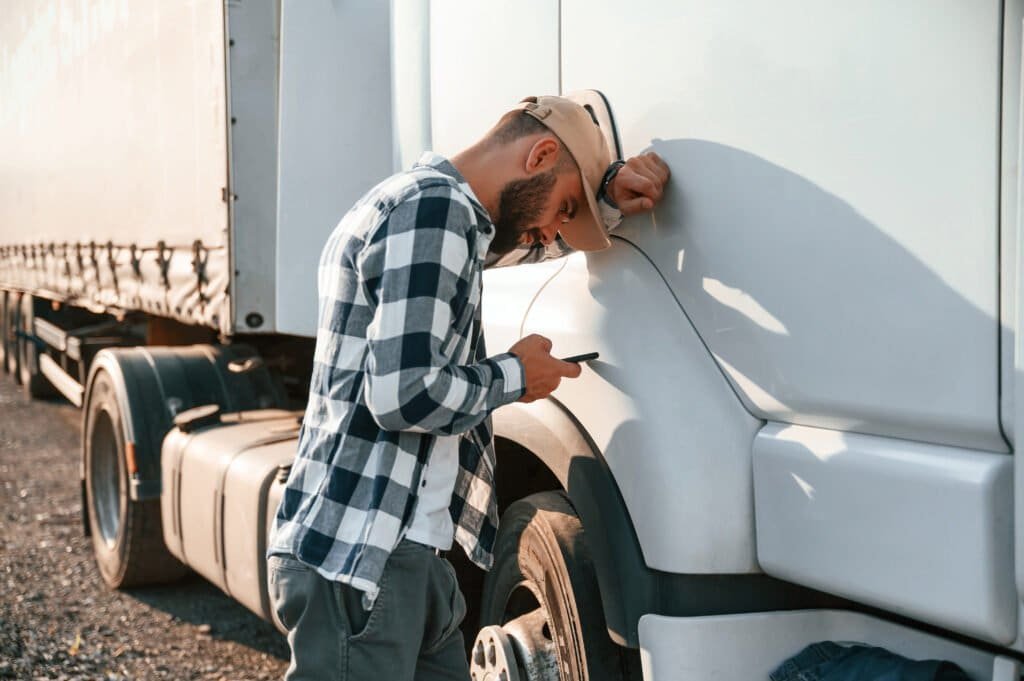 Tired truck driver near his truck