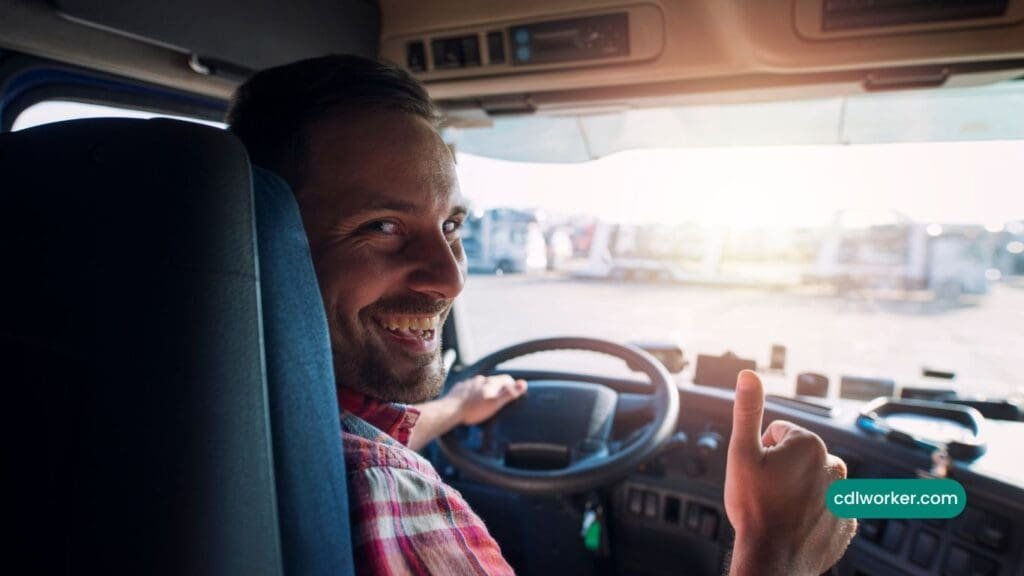 cdl driver behind the wheel showing thumbs up