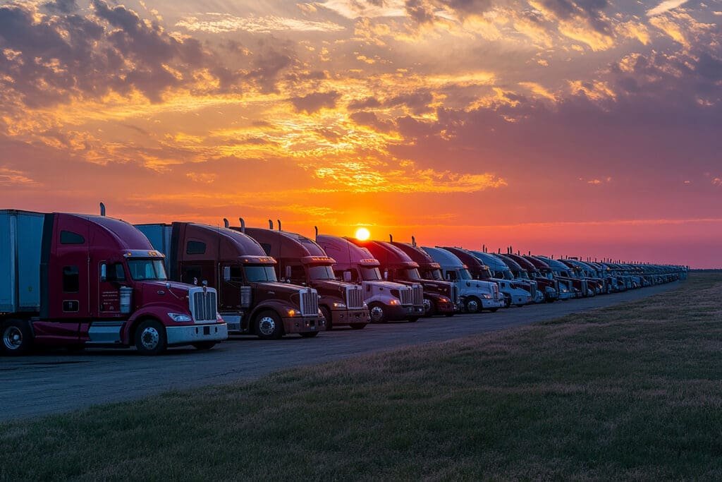 line of trucks in the sunset