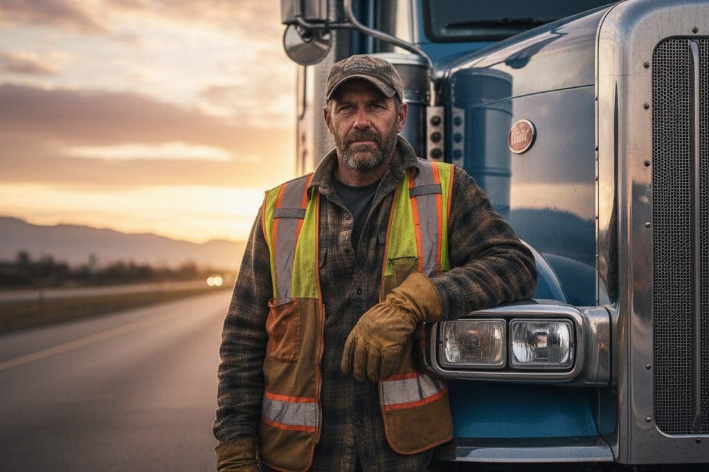 Truck driver standing beside a semi-truck representing applicants for truck driver recruiting software.