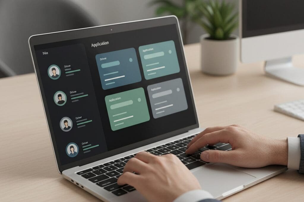 Recruiter managing organized driver profiles and applications using truck driver recruiting software on a laptop.