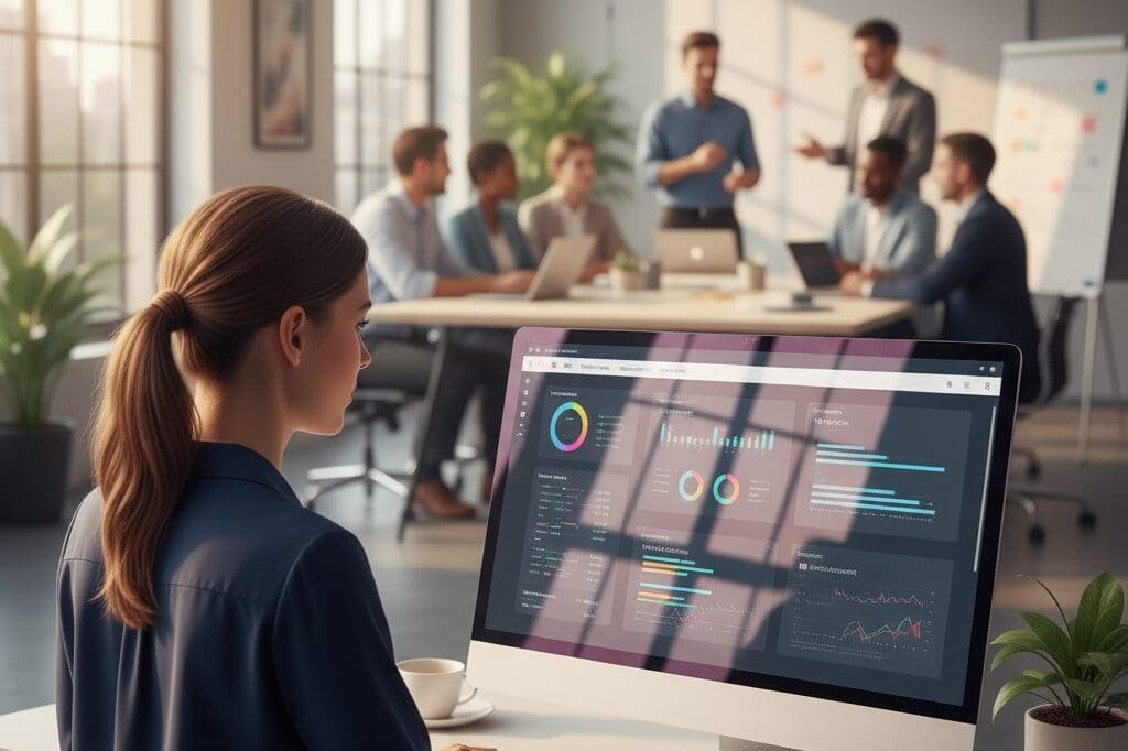 CDL recruiter reviewing driver data on a computer using truck driver recruiting software inside a modern office.