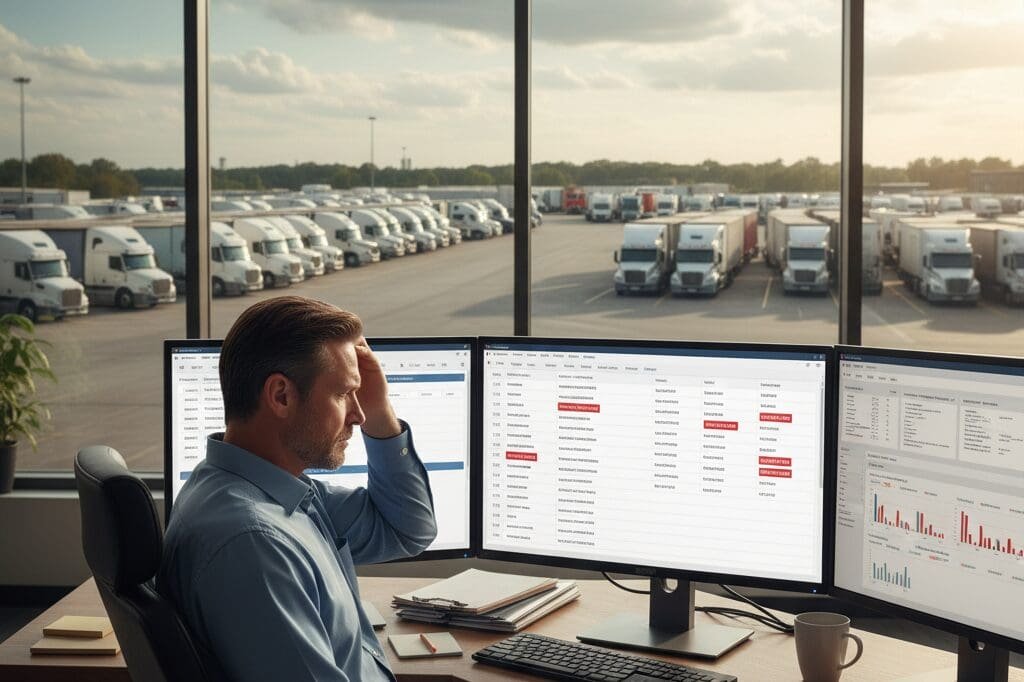 Recruiter reviewing driver applications in truck driver recruiting software with parked trucks in the background, showing driver shortage and hiring challenges.