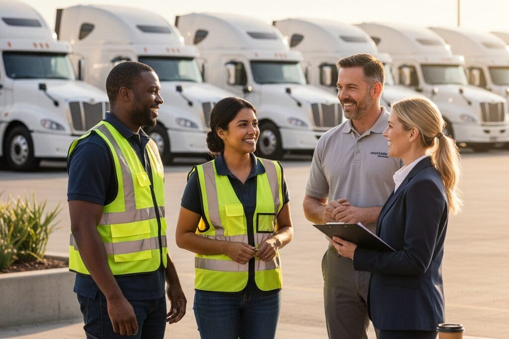 Truck drivers interacting with a fleet manager, representing strong retention and positive company culture.